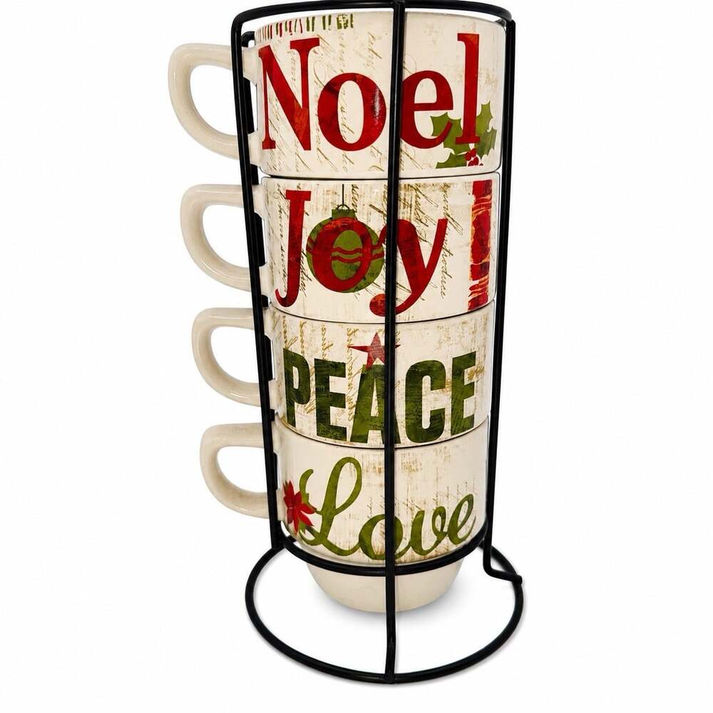 Pier 1 Christmas Stacking Coffee Mugs Peace Love Joy Noel Set of 4 + Holder